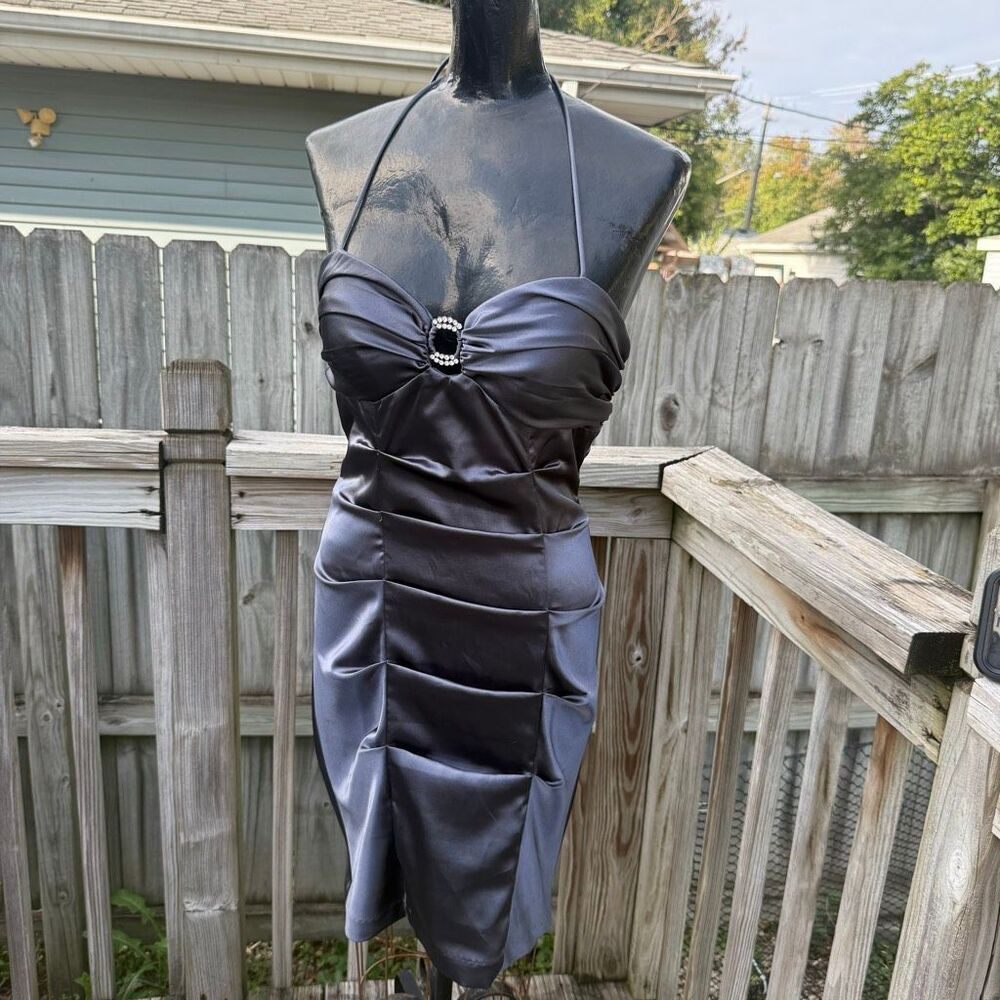 Blondie Nites Gray Satin Rhinestone Halter Ruched Bodycon Dress Size 7